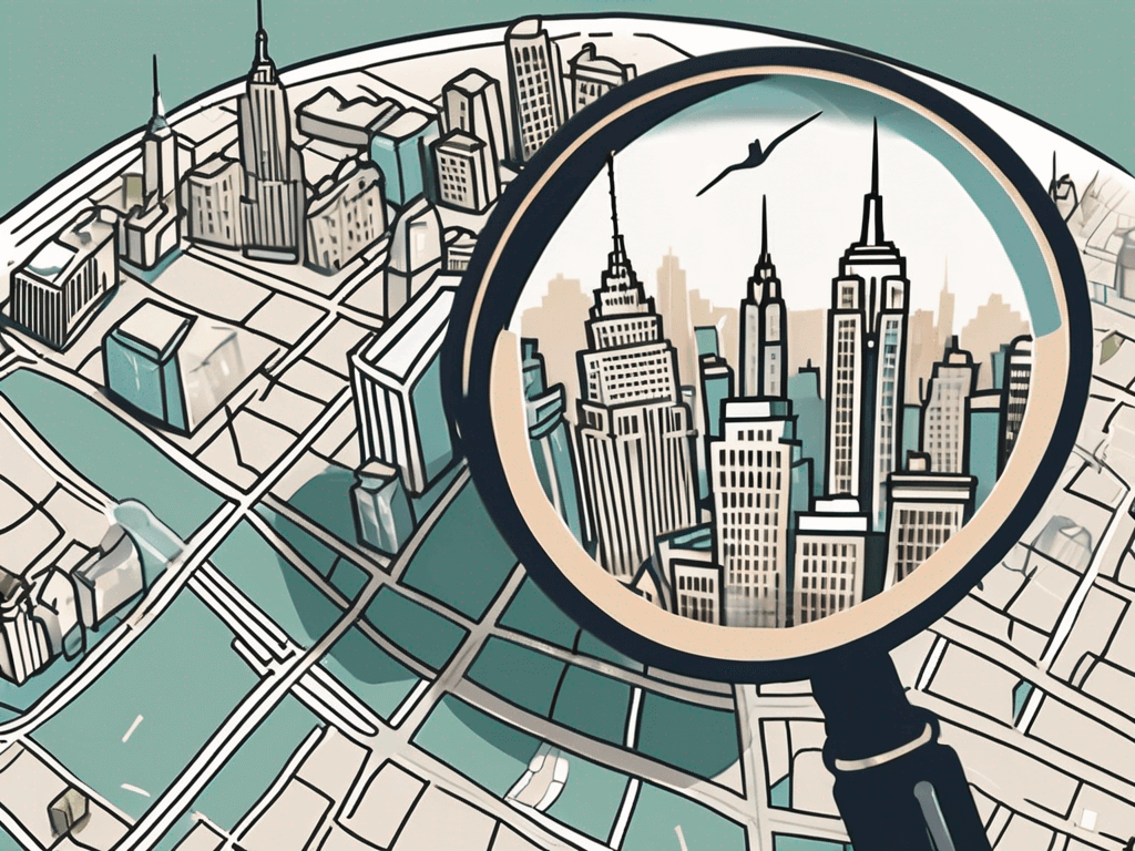 a magnifying glass hovering over a stylized map of New York, with iconic buildings and a checkmark symbol, symbolizing the thorough background checks in real estate, hand-drawn abstract illustration for a company blog, white background, professional, minimalist, clean lines, faded colors