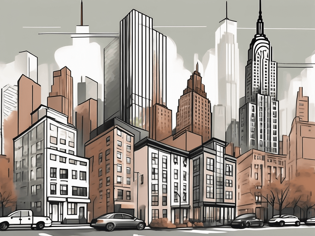various iconic New York real estate properties, such as skyscrapers, brownstones, and apartments, along with different marketing tools like a billboard, a laptop showing a virtual tour, and a for sale sign, all integrated into a strategic plan layout, hand-drawn abstract illustration for a company blog, white background, professional, minimalist, clean lines, faded colors