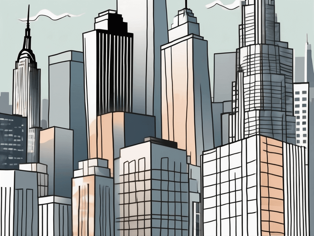 the New York skyline with a focus on commercial buildings, including skyscrapers and retail spaces, with a for sale sign in front, hand-drawn abstract illustration for a company blog, white background, professional, minimalist, clean lines, faded colors