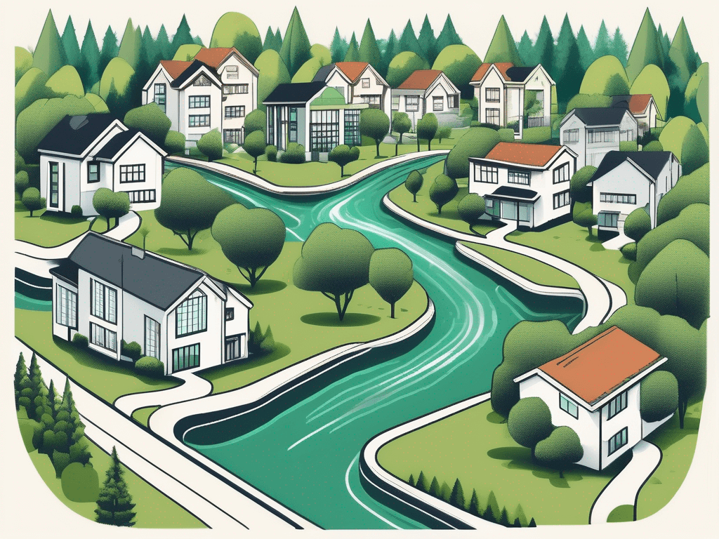 A picturesque valley stream neighborhood with several buildings resembling schools