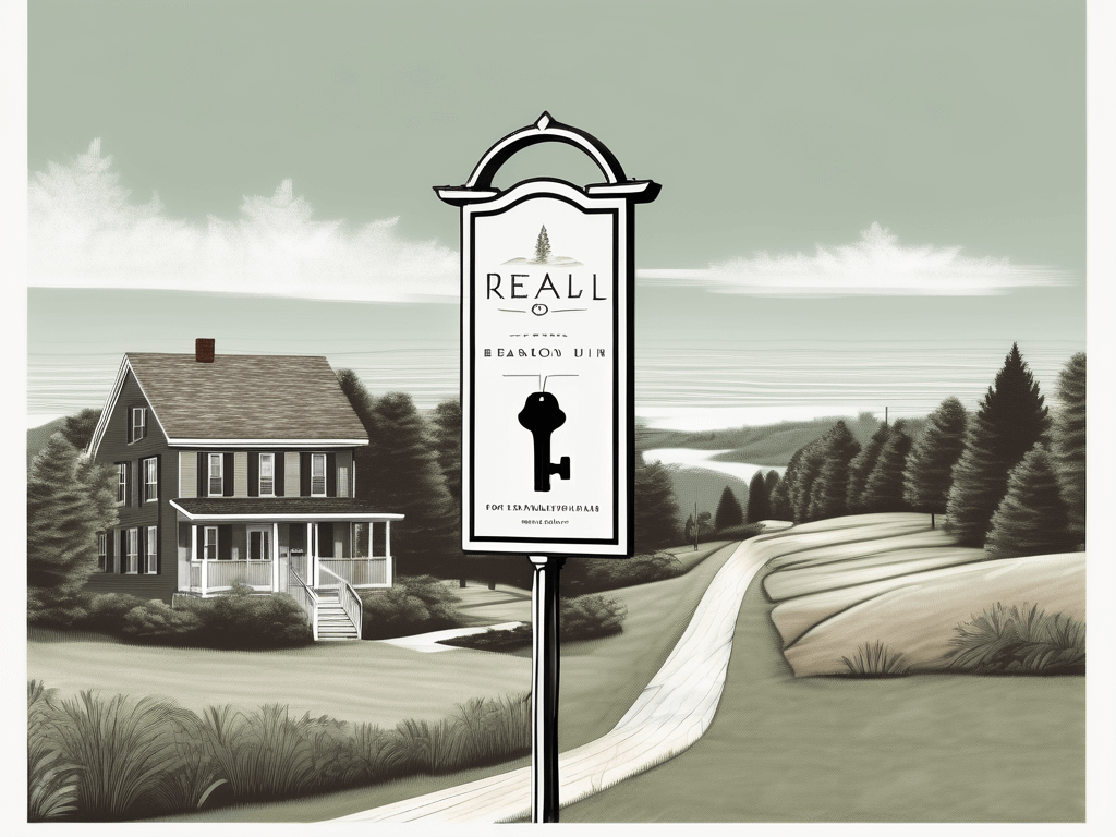 A real estate sign planted in front of a picturesque beacon