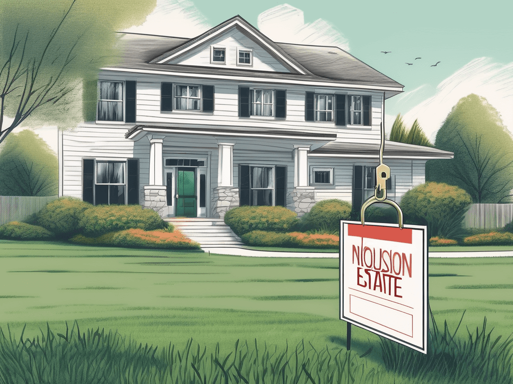 A real estate sign planted on a lush lawn in front of a beautiful house