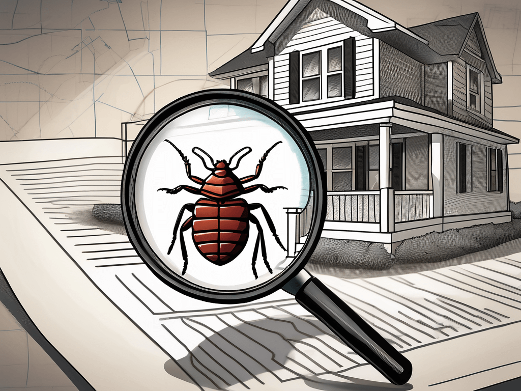 A magnifying glass focusing on a bedbug on a house model