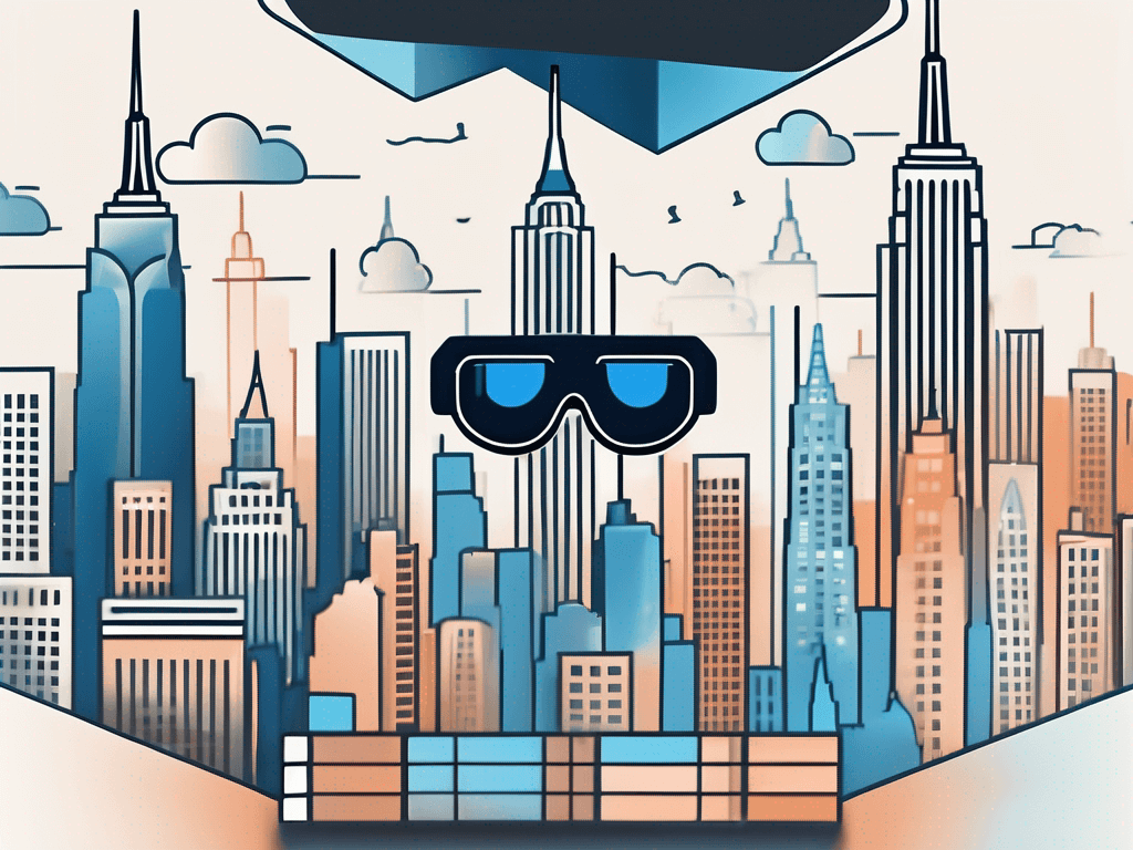 A virtual reality headset and a stylized skyline of new york city