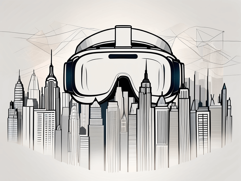 A virtual reality headset with a three-dimensional model of a new york skyline emerging from it