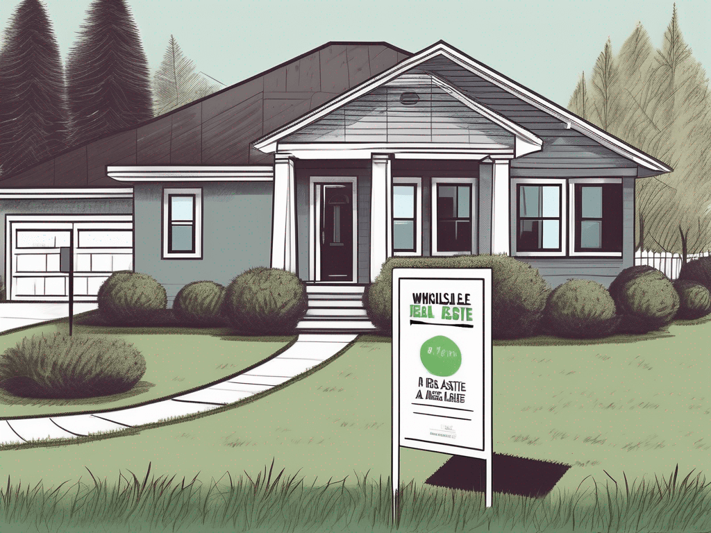 A real estate agent's sign planted on a lawn of a house with a tag hanging off it indicating a wholesale price