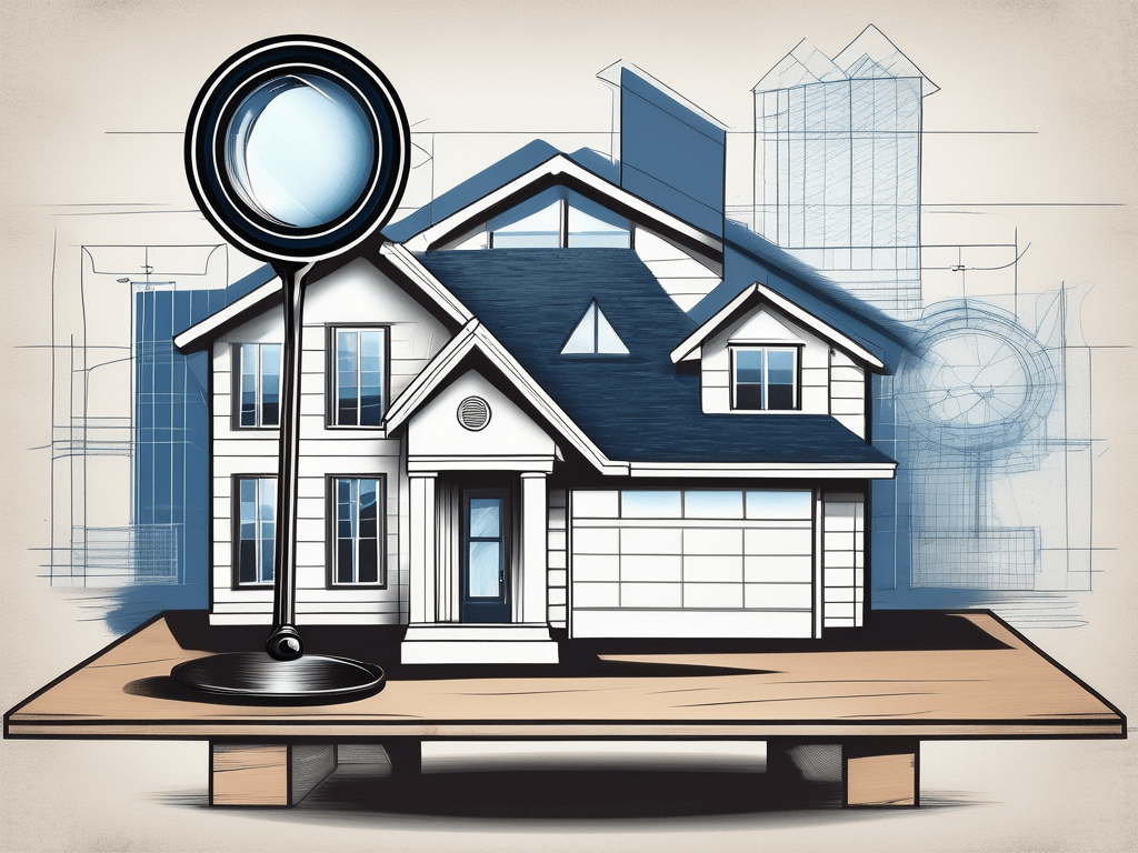 A traditional real estate sign morphing into a consulting table with a magnifying glass and a blueprint of a house on it