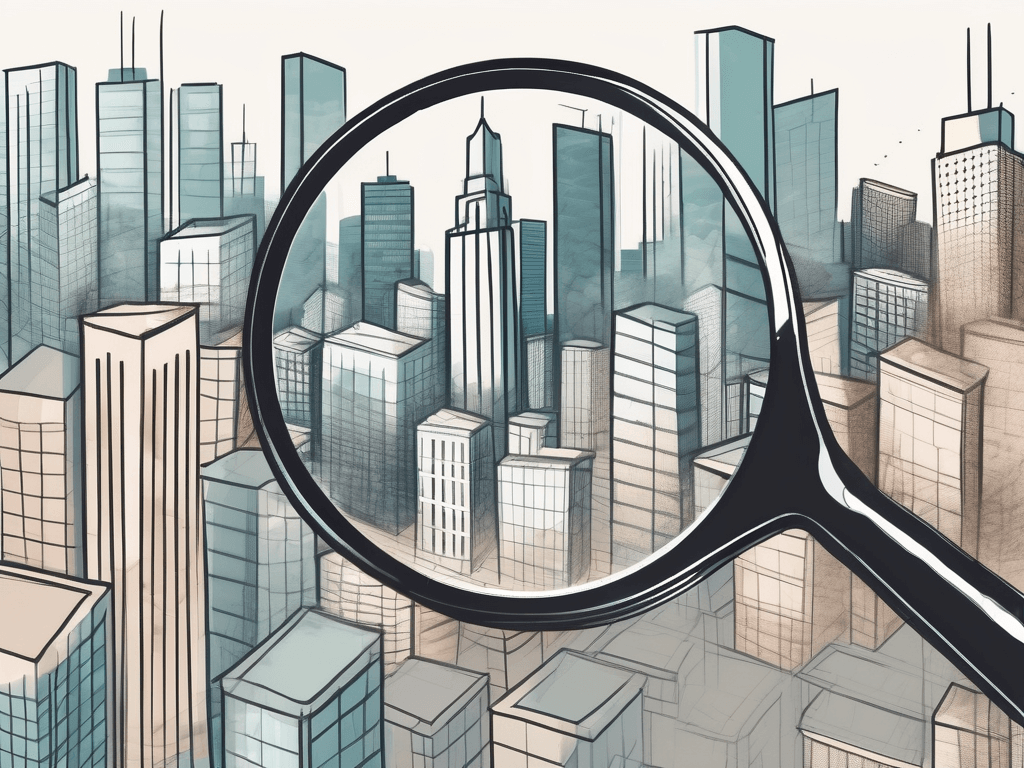 A magnifying glass hovering over a cityscape