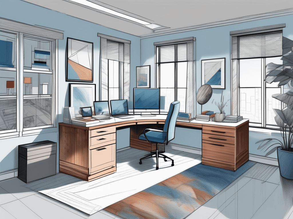 A real estate broker's office with a desk covered in blueprints