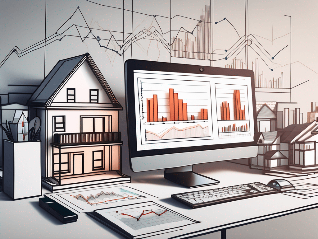 A real estate broker's desk with a computer screen displaying graphs and charts