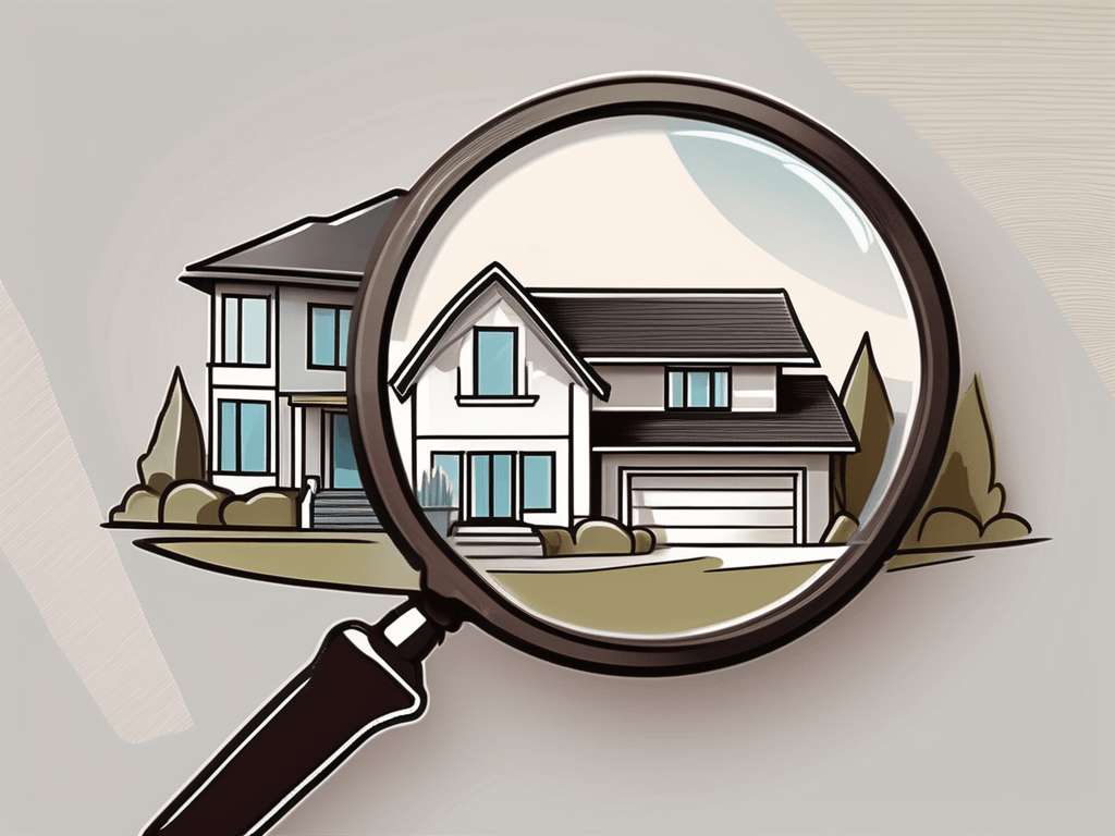 A real estate broker's badge next to a magnifying glass hovering over a miniature model of a house