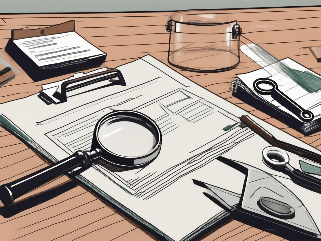 A real estate agent's desk with various tools such as a magnifying glass over a lease agreement