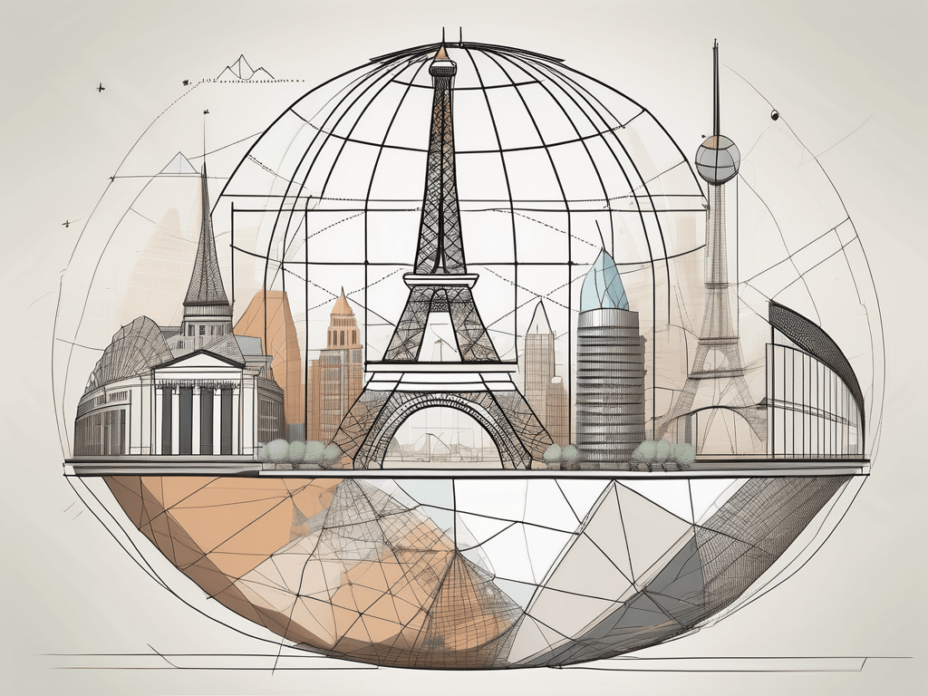 A globe with various iconic international buildings