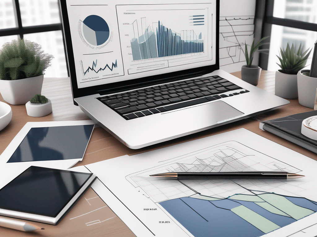 A real estate broker's desk with a computer screen displaying graphs and charts related to real estate market trends