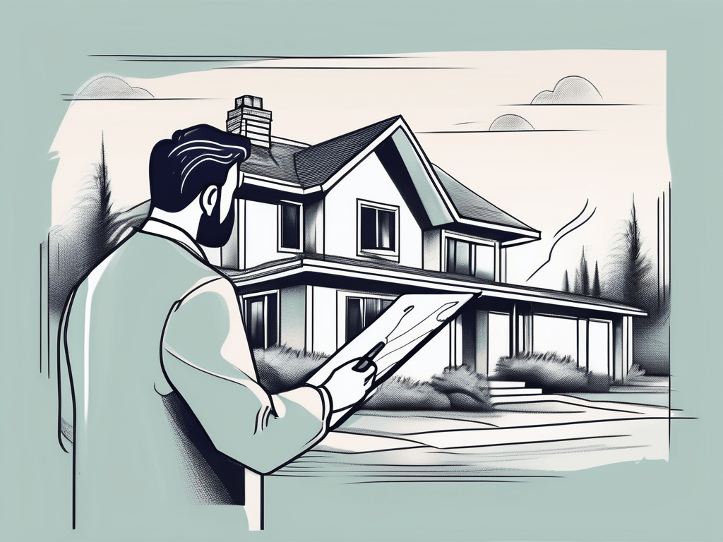 A real estate broker with a magnifying glass examining a house