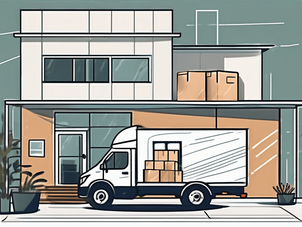 A real estate office with a moving truck parked outside and a variety of moving boxes and furniture inside