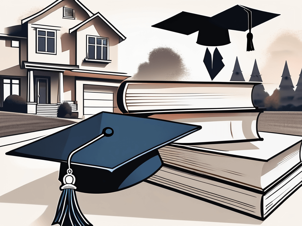 A stack of real estate books next to a graduation cap and diploma