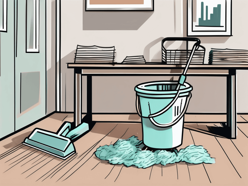 A real estate office with visible cleaning tools like a mop