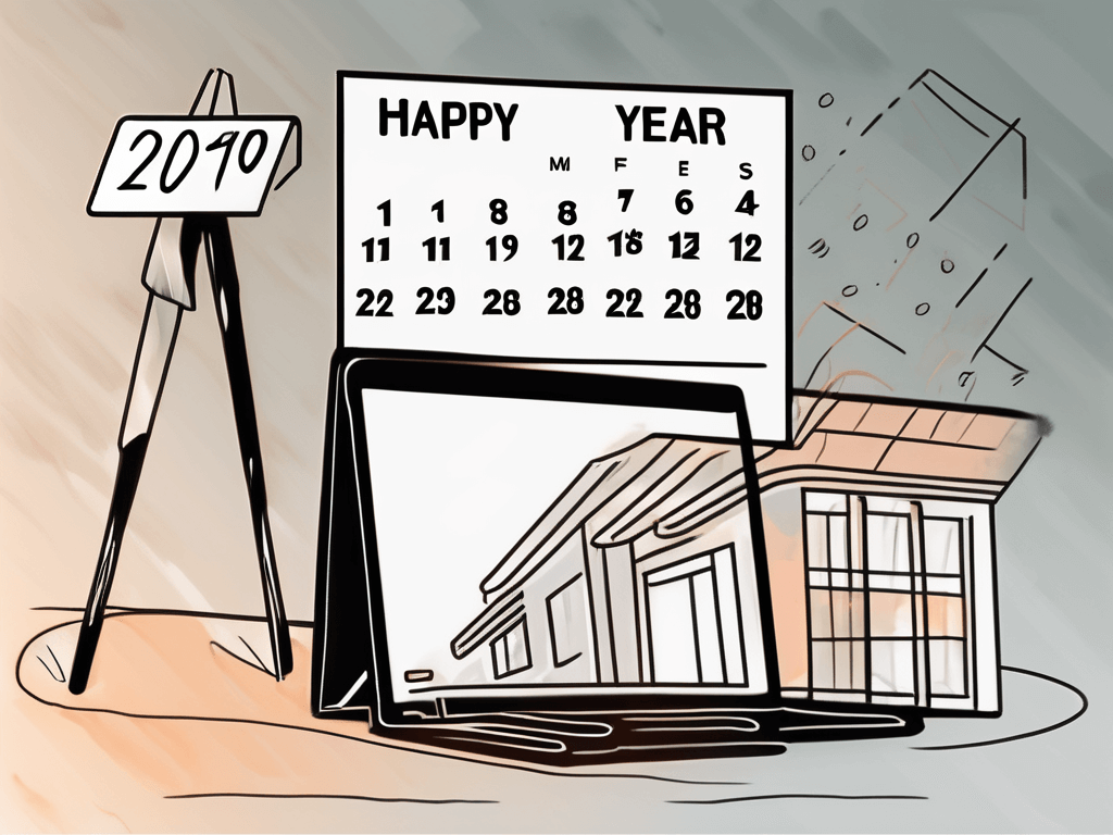 A real estate sign standing next to a calendar flipping to a new year