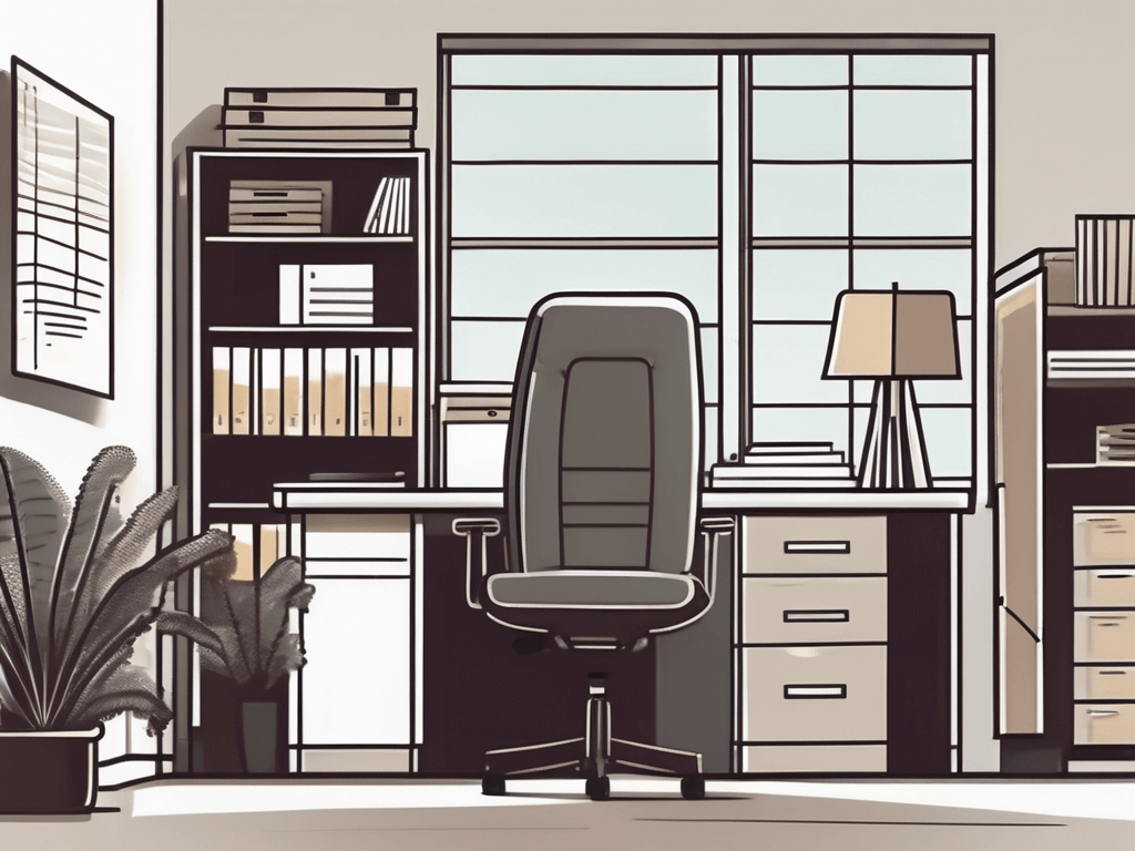 A well-furnished real estate office with a variety of office furniture such as a desk