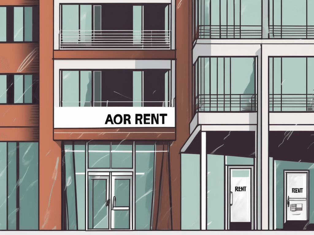 An office building with a for rent sign