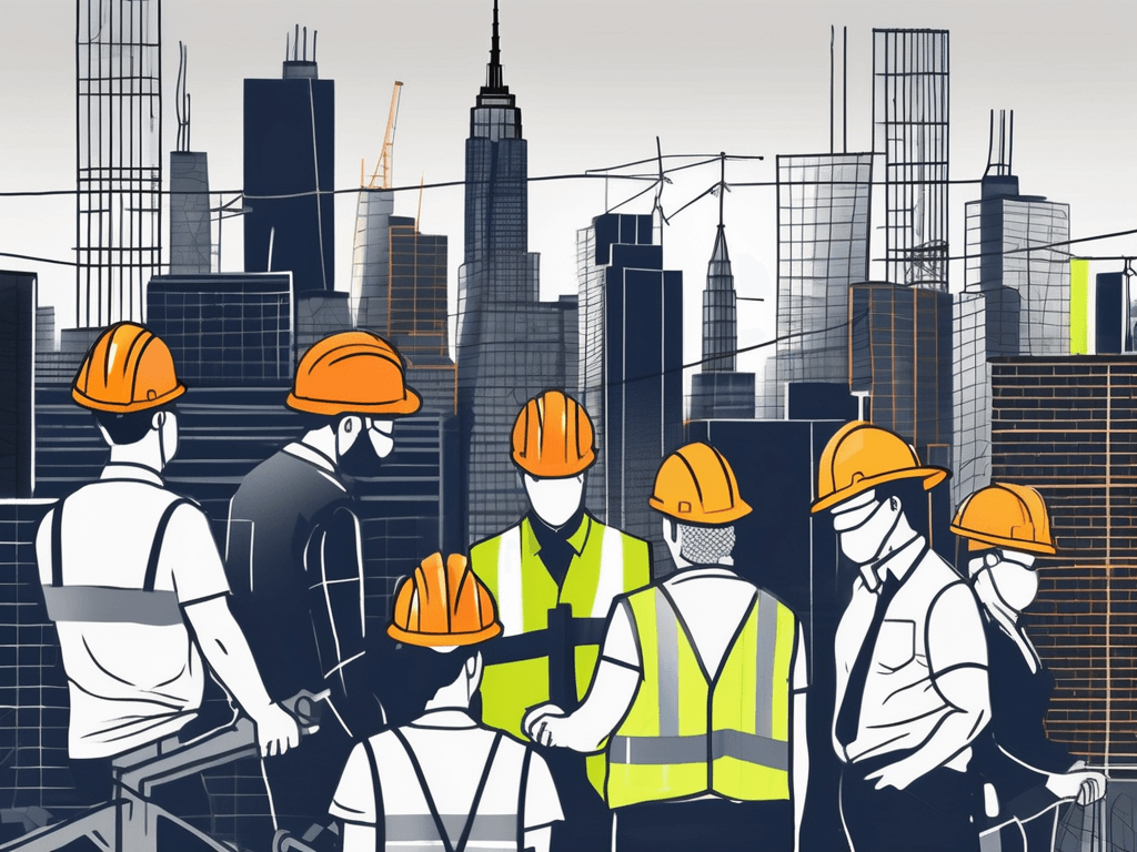 A new york cityscape with various safety equipment like hard hats