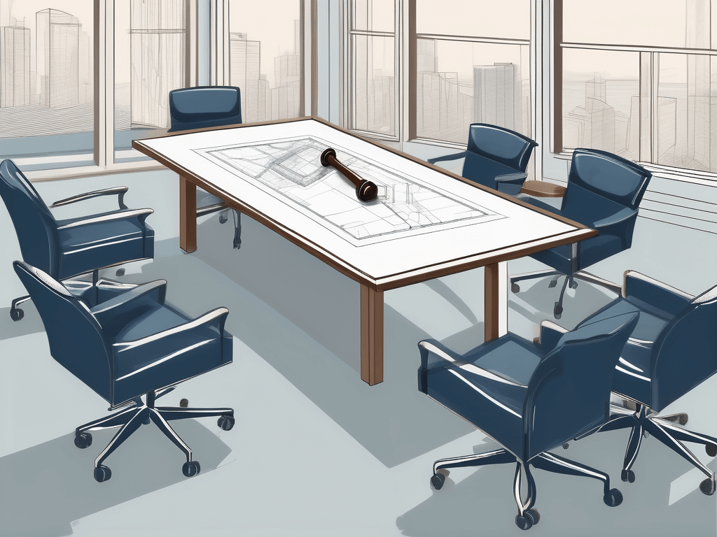 A real estate board meeting table with architectural blueprints