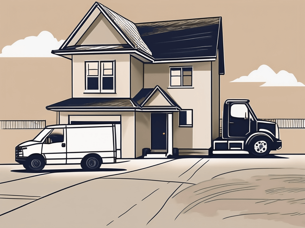 A house with a large eviction notice on the door and a moving truck in the driveway