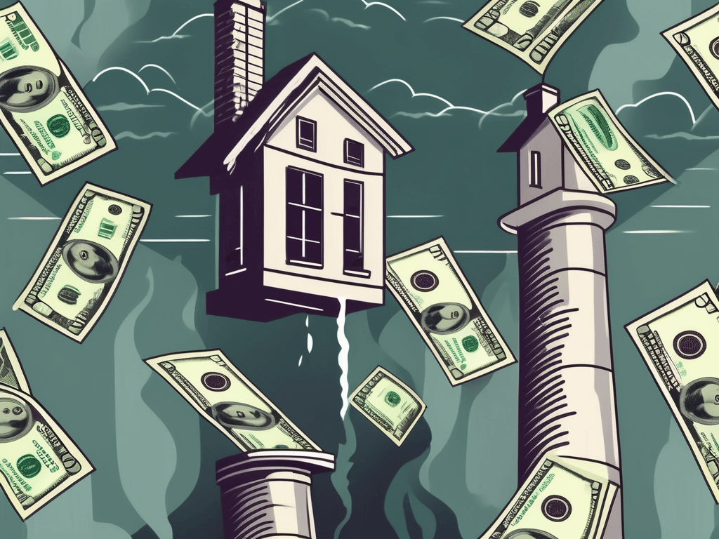 A real estate property with dollar bills flowing out of its chimney
