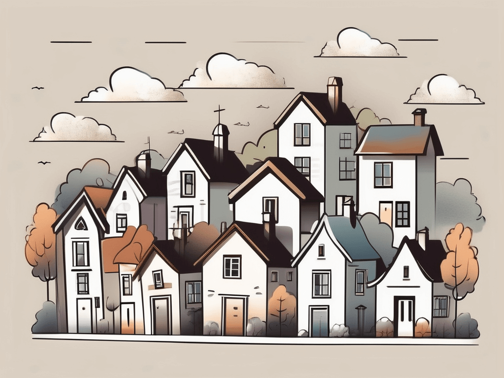 A quaint village with various buildings symbolizing different real estate properties