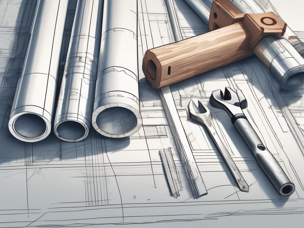 A post and beam construction site with various tools and blueprints