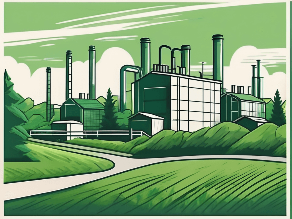 A real estate sign on a lush green landscape with a backdrop of industrial buildings
