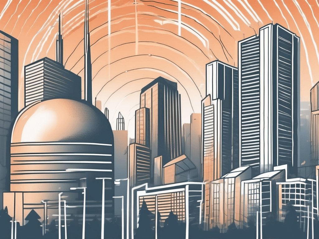 A cityscape with buildings radiating electromagnetic waves