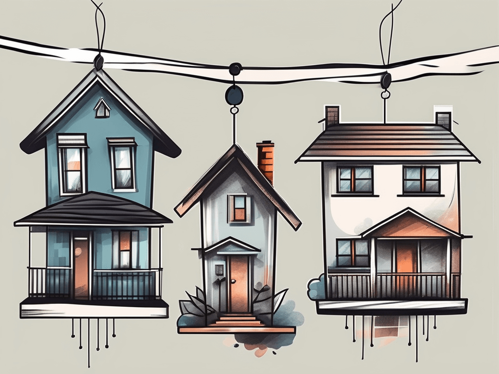 A variety of different styled houses with price tags hanging from them