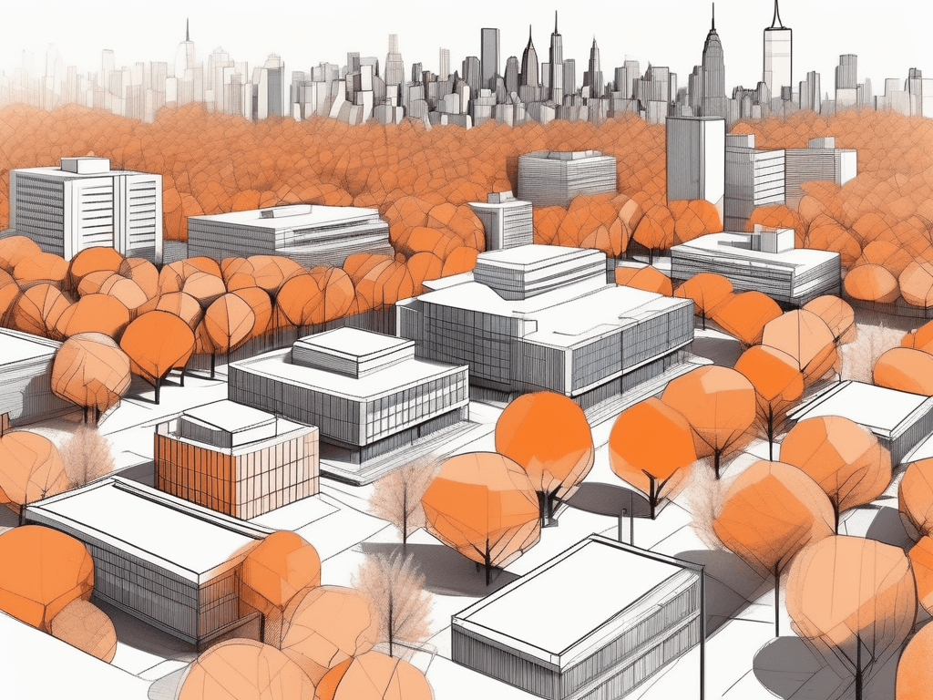 Various architectural models of schools surrounded by orange trees