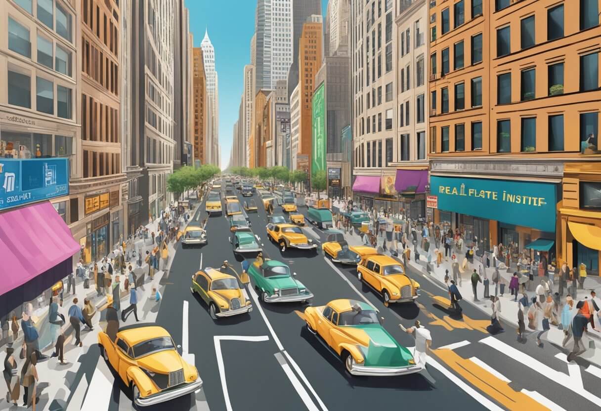 A bustling city street with a prominent sign for the New York Real Estate Institute, surrounded by skyscrapers and busy pedestrians