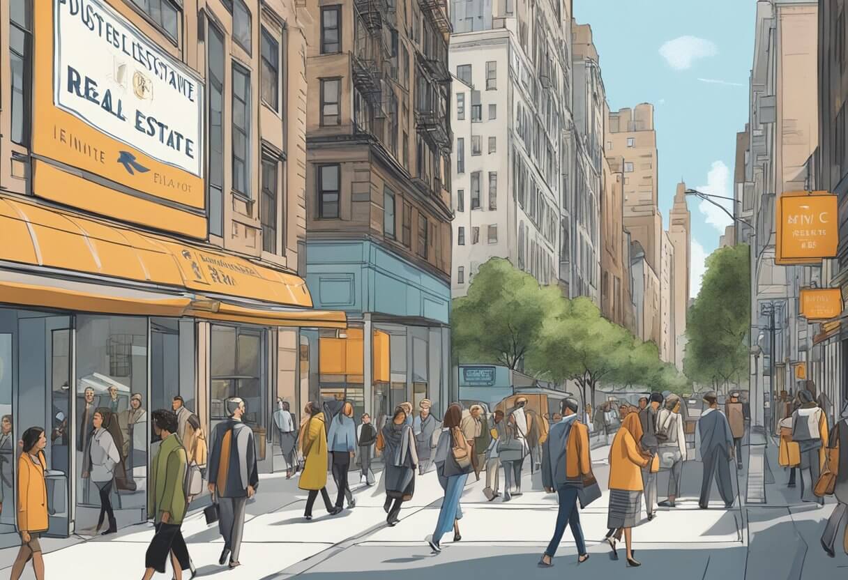 A bustling New York City street with a prominent sign for the Real Estate Institute. Pedestrians walk past, some glancing at the sign with interest