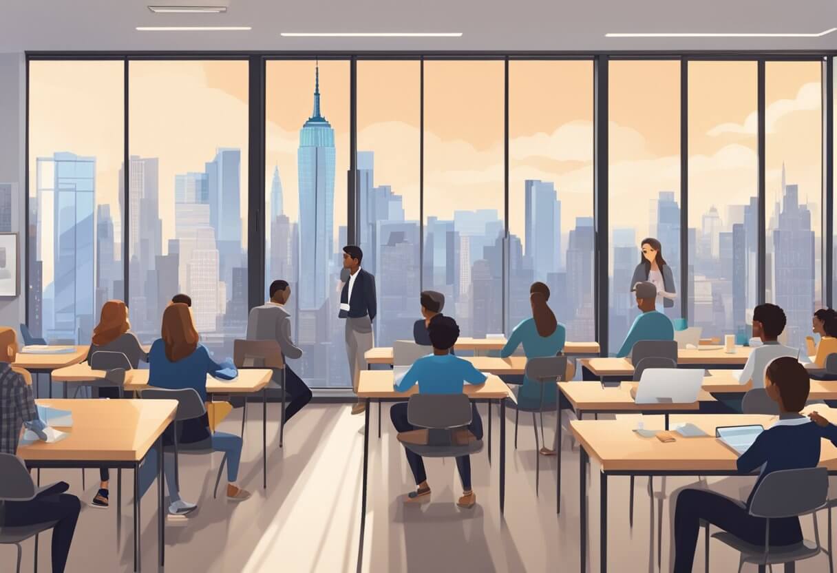 Bright classroom with ARELLO certification displayed. Students engaged in real estate studies. New York skyline visible through window