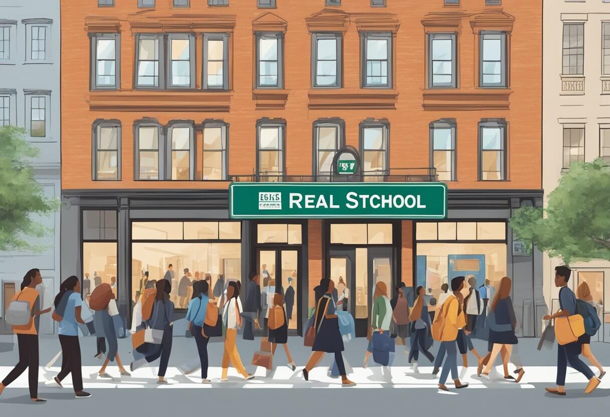 A bustling New York street with a prominent real estate school sign and a diverse group of students entering the building