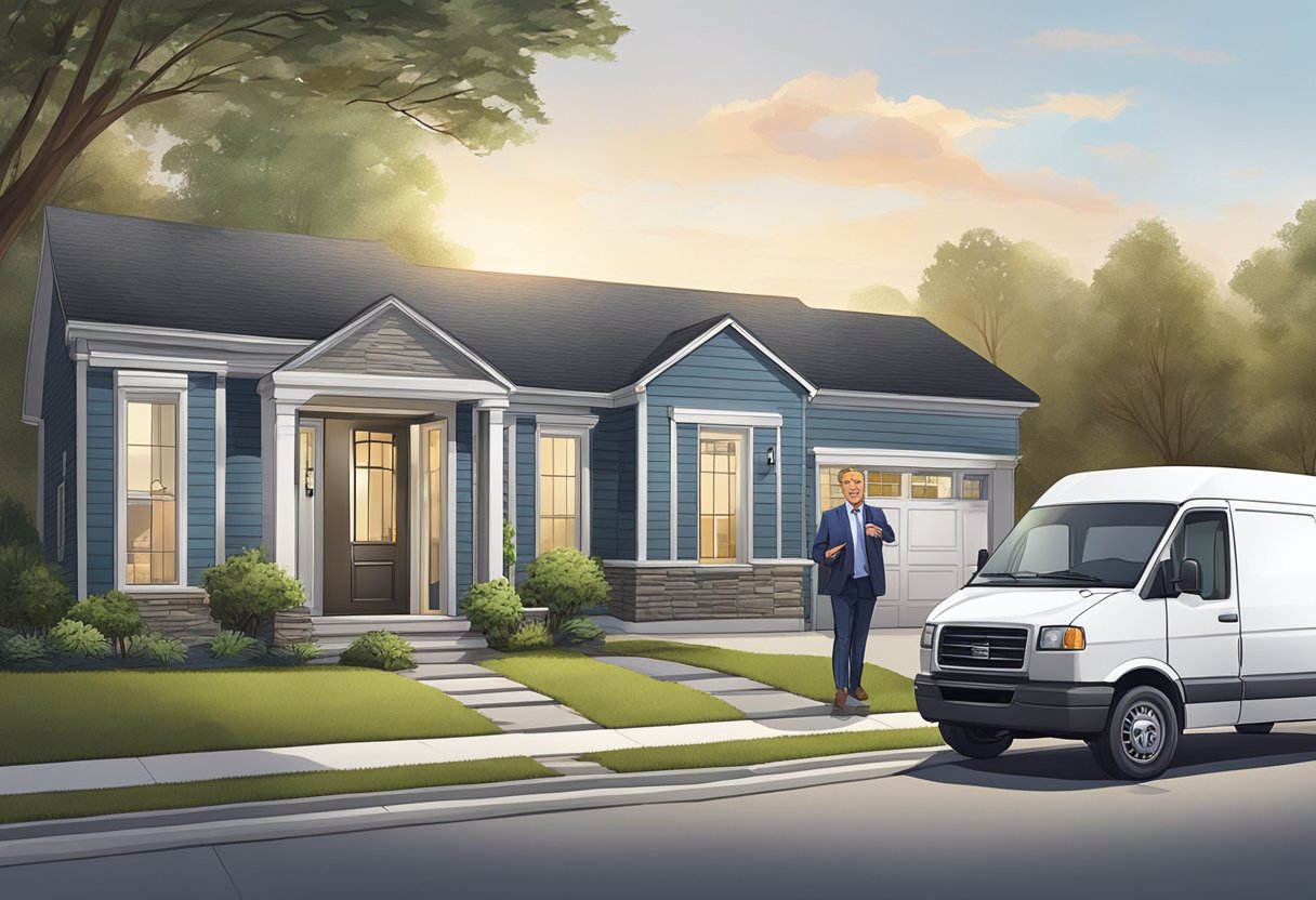 A real estate agent shows a modern U-shaped house to a potential buyer in front of a van with "Ed" written on the side