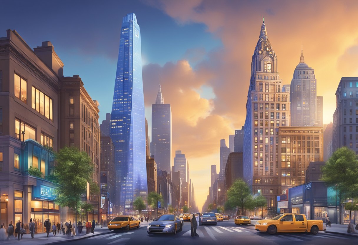 The New York Real Estate University and The CE Shop stand opposite each other, towering over the bustling city streets, their logos shining brightly in the evening sky