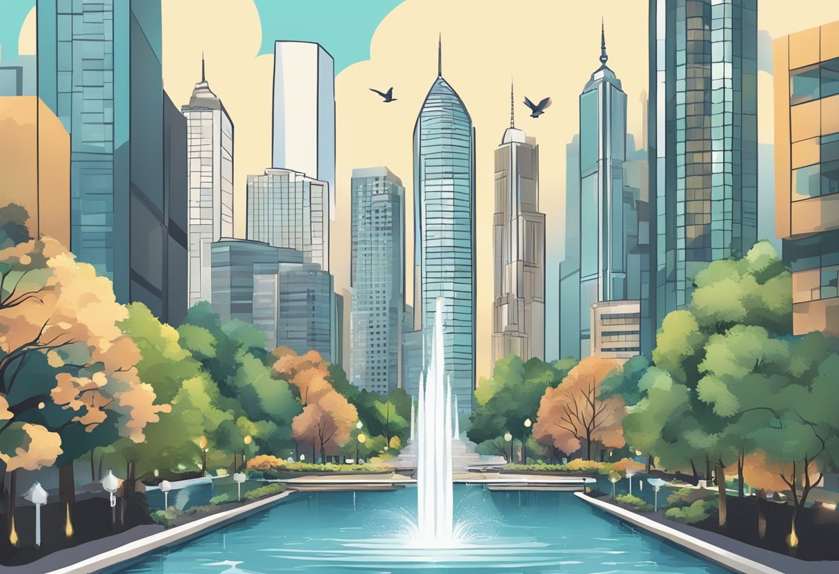 A bustling city street with skyscrapers and a real estate sign, contrasting against a peaceful park with a fountain and a small colibri bird