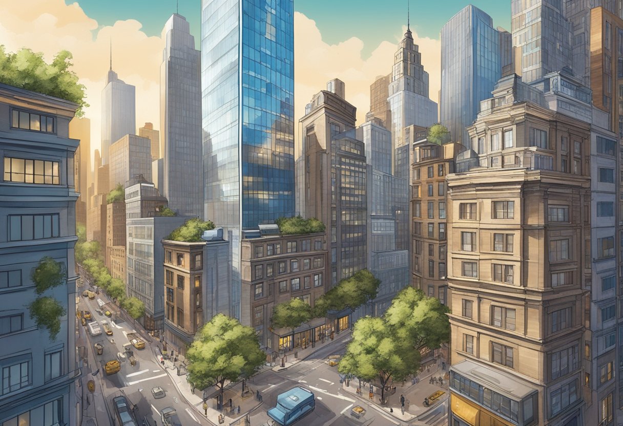 A bustling cityscape with skyscrapers and busy streets, showcasing the contrast between the Real Estate U and Colibri buildings in New York