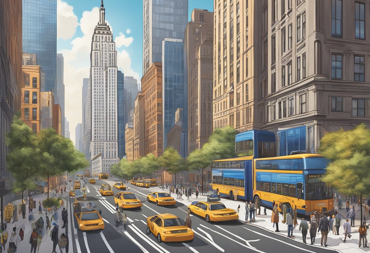 The bustling streets of New York City with iconic skyscrapers in the background, showcasing the dynamic competition between Corofy Real Estate School and NYREI