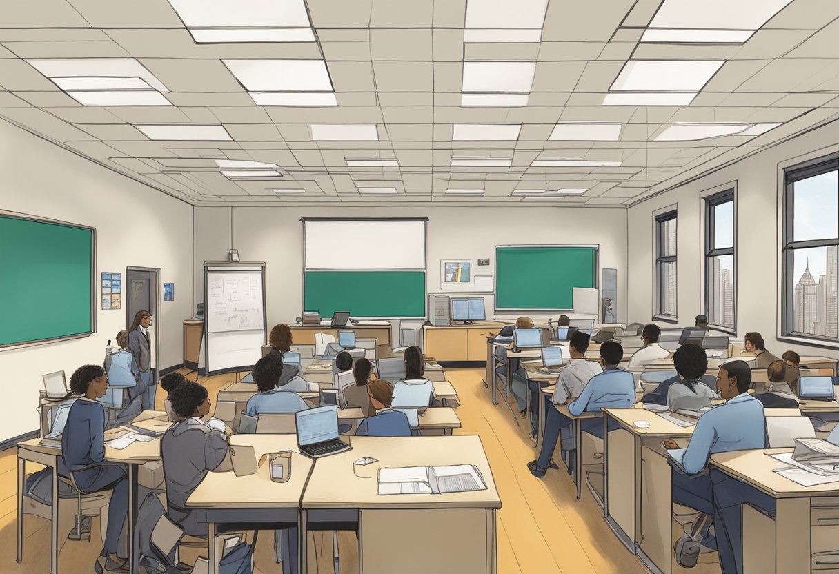 A bustling classroom at Corofy Real Estate School in New York contrasts with a quiet room at Kaplan. Materials and technology are abundant at Corofy, while Kaplan appears outdated