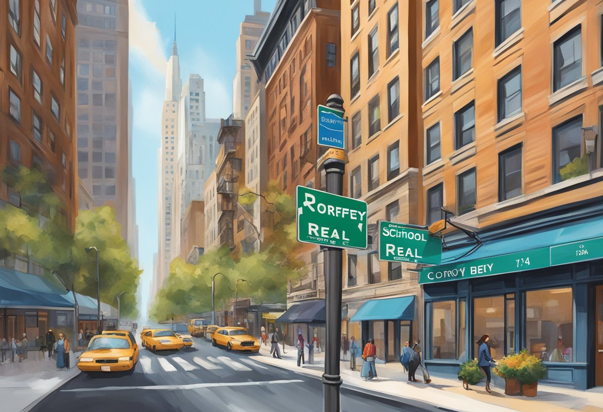 A bustling New York City street with two prominent real estate school signs competing for attention. The Corofy Real Estate School sign is bold and modern, while the Colibri Real Estate sign is sleek and elegant