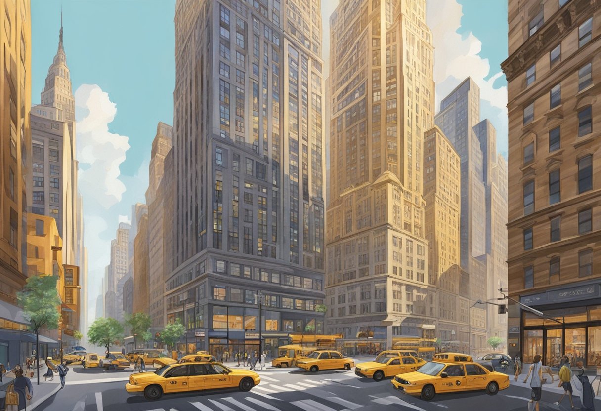 The two towering buildings of New York Real Estate U and NYREI stand in fierce competition, their sleek facades gleaming in the sunlight. A bustling city street bustles below, with taxis and pedestrians weaving through the urban landscape