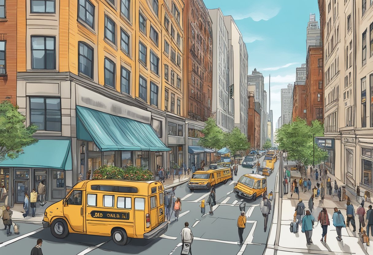 A bustling city street with a prominent Corofy Real Estate School building next to a Van Ed location in New York