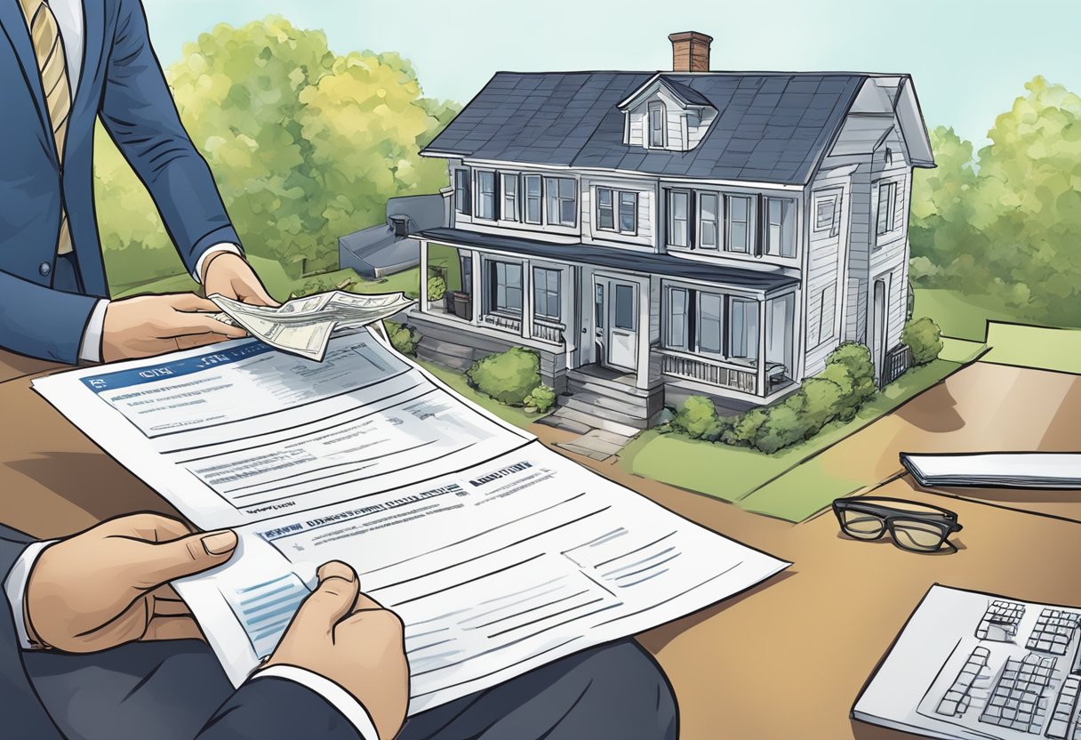 A real estate agent receives payment through commission from property sales in New York. This can be depicted with a house, money, and a contract
