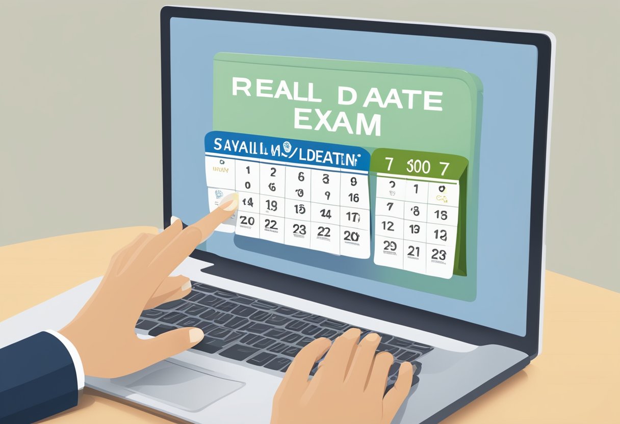 A computer screen with a calendar open, showing available dates for the real estate licensing exam. A hand hovers over the mouse, ready to click on a preferred date